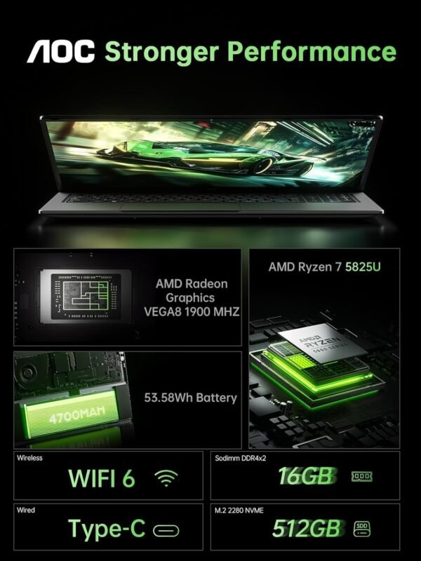 2025 Gaming Laptop with AMD Ryzen 7 5700U Processor(8C/16T, Up to 4.5GHz), 16.1“ FHD Display Laptop Computer with Backlit Keyboard, 16GB RAM 512GB SSD, WiFi 6, HDMI 1.4, USB3.2, Type-C, 53Wh Battery - Image 4