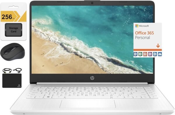 HP New 14" HD Ultral Light Thin Laptop, Quad-Core Intel Celeron Processor, 16GB RAM, 320GB (64GB eMMC+ 256GB Card), Wi-Fi, Upto 11 Hours, Windows 11 S + 1 Year Office 365+HubxcelAccessory, White