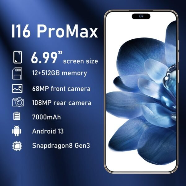 I16 PROMAX 5G Phone,Smartphone Unlocked Cell Phone 12GB+512GB/6.99“ HD Screen Display/68MP+108MP Camera/7000 mAh , Dual SIM Card/Face Unlock/Fingerprint Button Unlock-and take photos (Desert titanium) - Image 5