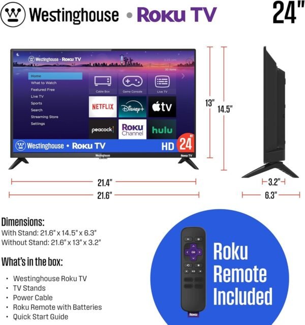 Westinghouse Roku TV - 24 Inch Smart Television, 720P LED HD with Wi-Fi Connectivity and Mobile App, Flat Screen Compatible with Apple Home Kit, Alexa and Google Assistant - Image 4