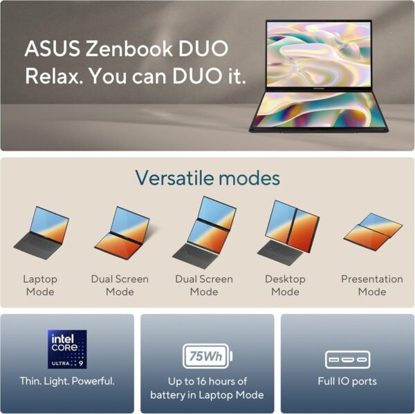 ASUS Zenbook Duo Laptop, Dual 14” OLED 3K 120Hz Touch Display, Intel Evo Certified, Intel Core Ultra 9 285H, Intel Arc Graphics, 32GB RAM, 1TB SSD, Windows 11, Inkwell Gray, UX8406CA-PS99T - Image 2