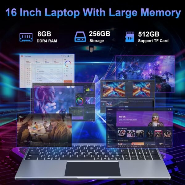 16 inch Laptop, 8GB RAM 256GB Storage Laptop Computer, 5305U Processor, 1920x1200 IPS FHD Display, WiFi, Bluetooth, Webcam, Type-C, 38Wh Battery - Image 2